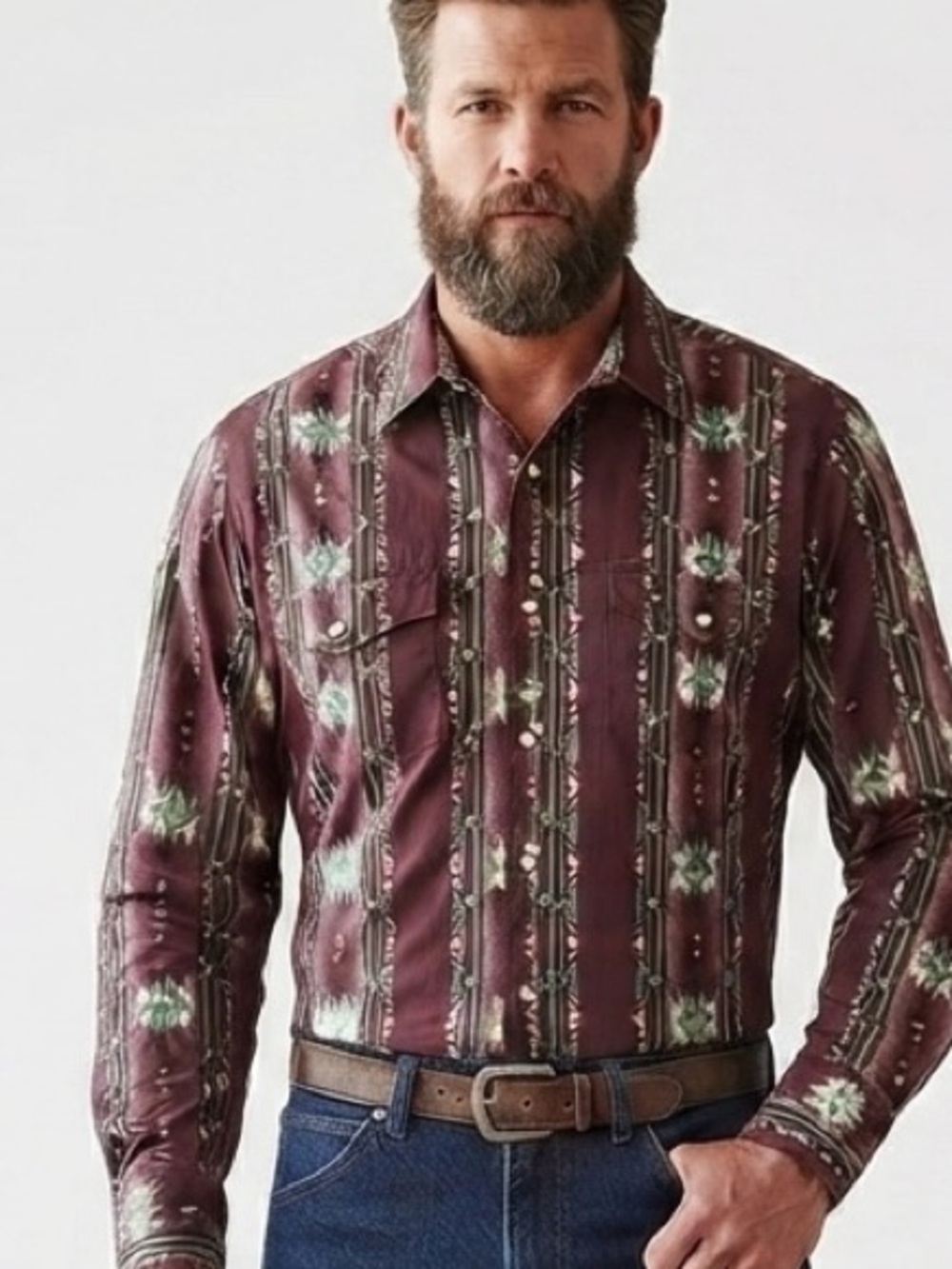 Wrangler Western Shirt Mens L Maroon Southwestern Aztec Pearl Snap Long Sleeve